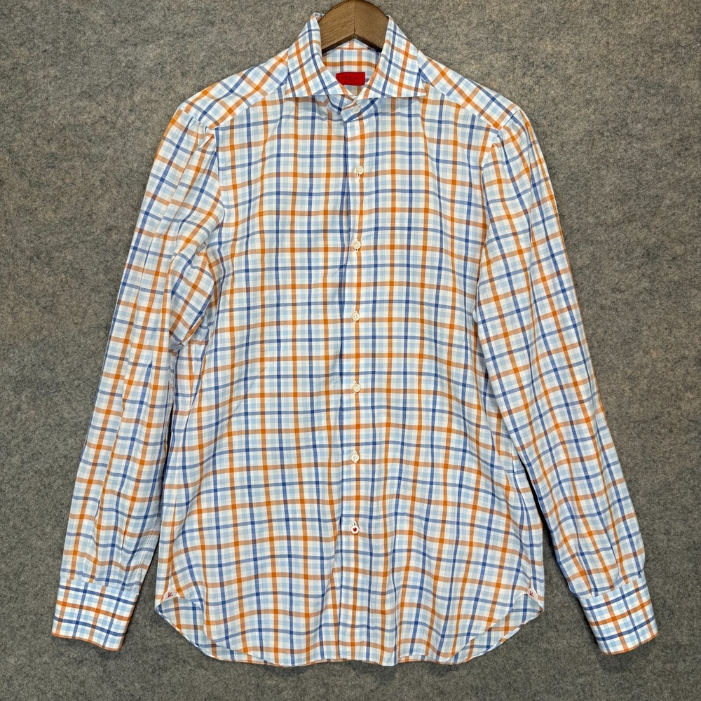 ISAIA Napoli Dress Button Shirt Mens Medium 15.5 39 Checkered Designer Italy